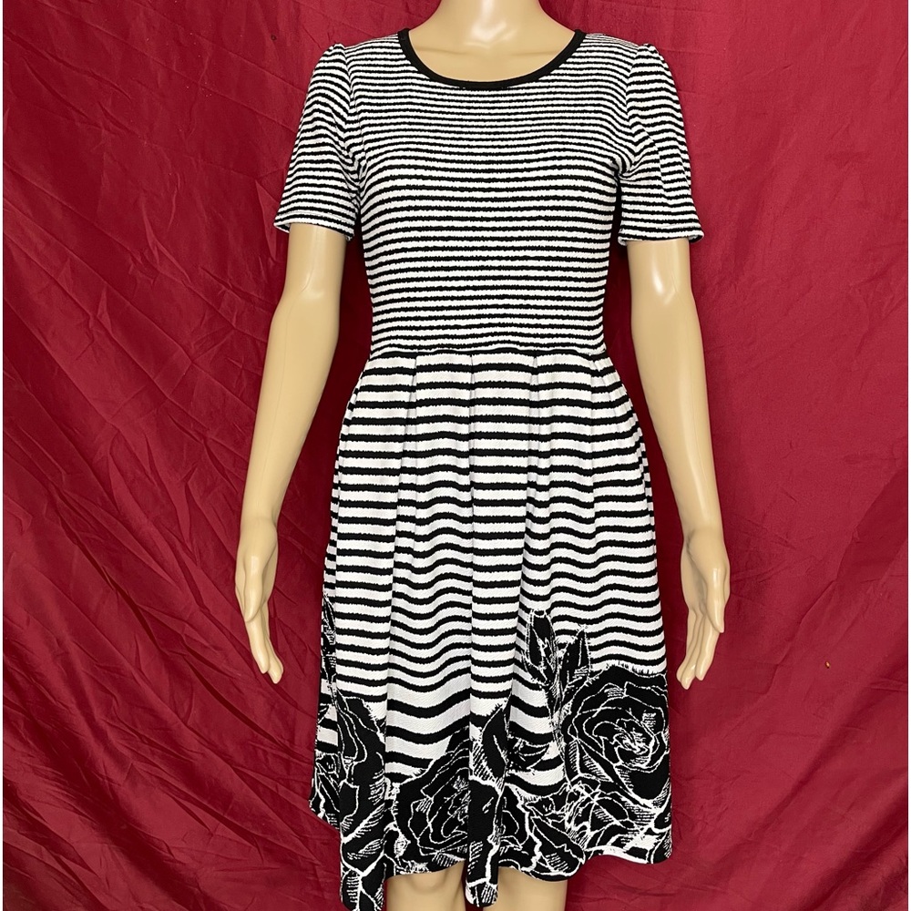 LuLaRoe Amelia Retro Striped Dipped Black Rose A-Line Pocket Dress Small